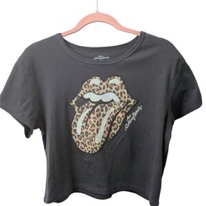 the Rolling Stones Dark Grey Crop Tee with Leopard Tongue Graphic